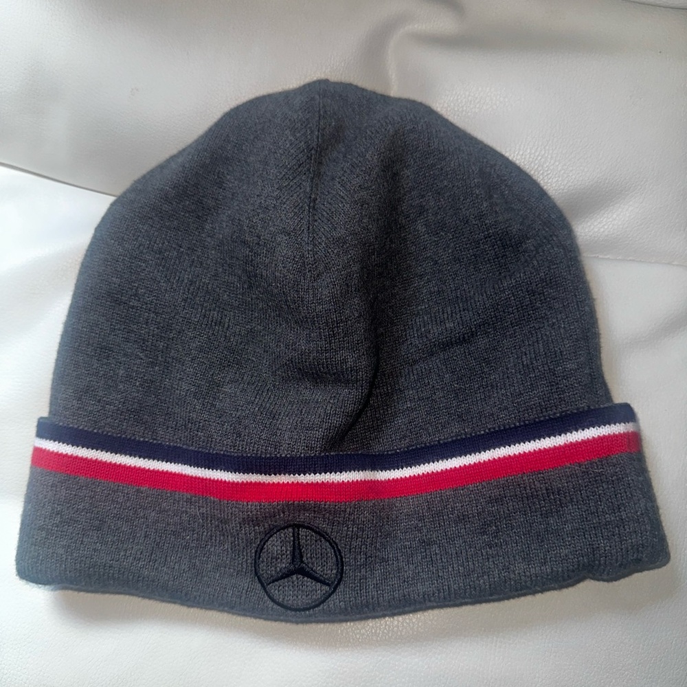 Gray Beanie with Striped Trim